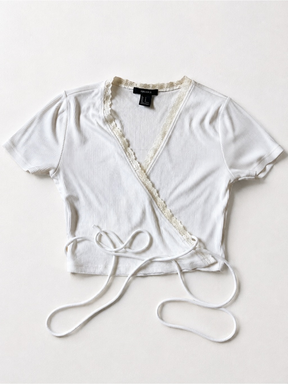 Forever 21 Cream-Trim White Ribbed Wrap Crop Top